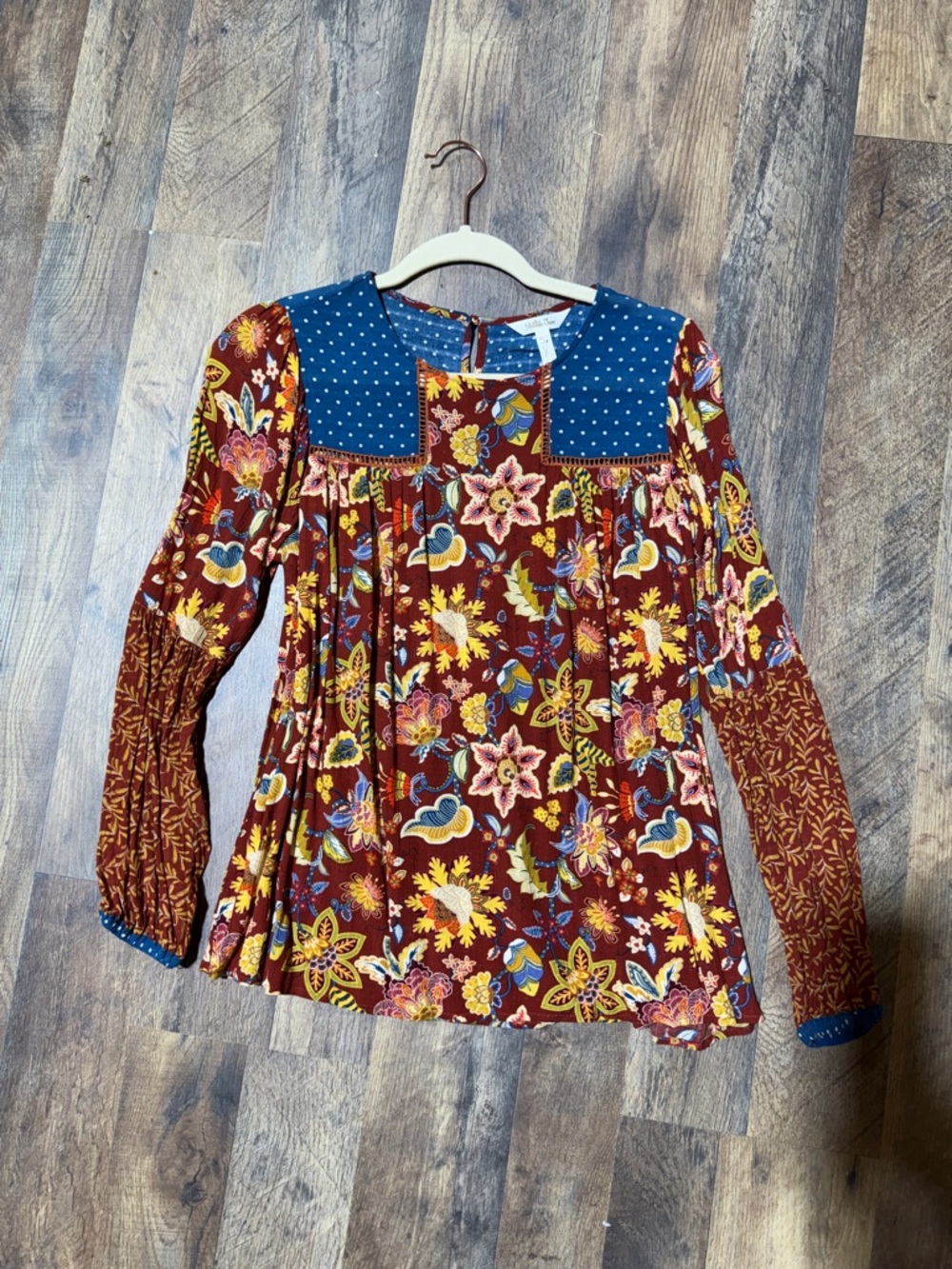Matilda Jane Burgundy Floral Blouse with Blue Polka Yoke